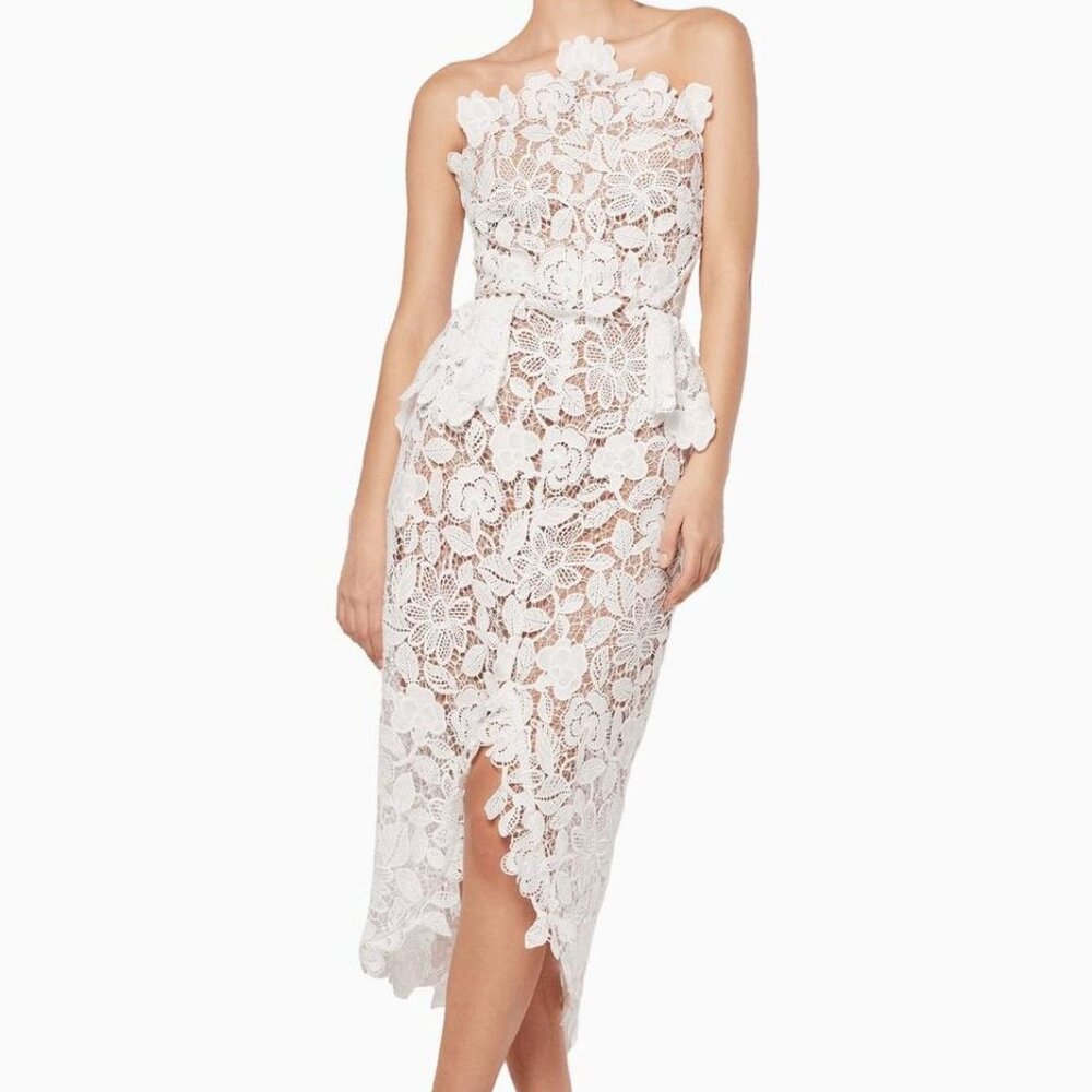 ELLIATT Ivory Dress Guipure Lace Luxury Pencil Australia Size S Lattice Trim NWT